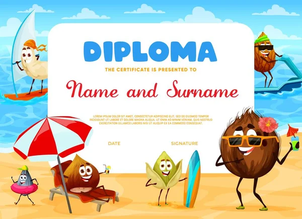 Kids Diploma Cheerful Nut Characters Summer Beach Party Competition Winner — Stock Vector