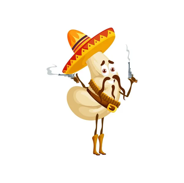 Cartoon Cashew Mexican Cowboy Character Vector Nut Bandit Wear Sombrero — Stock Vector