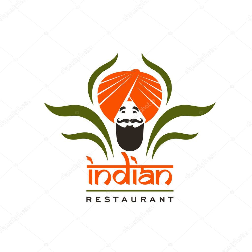 Indian restaurant vector icon of chef with orange turban, black mustache and beard, spice and herb leaves. Arabian restaurant, Indian cuisine cafe or ethnic bar isolated symbol with cooking guru