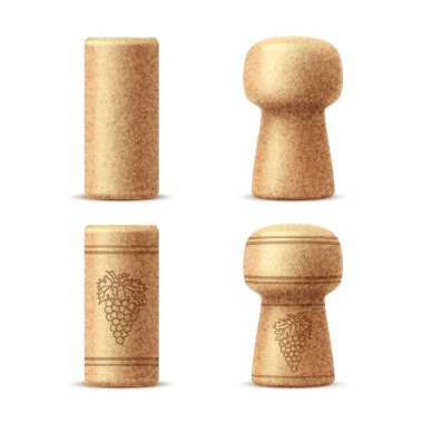 Realistic bottle corks, wine stopper caps. Isolated vector corkscrew wooden corks from champagne or natural colmated corks, conical, twin-top or agglomerated and bar-top synthetic wine stoppers clipart