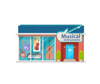 Müzik aletleri mağazası vitrini. Şehir merkezi iş binası, mağaza vitrininde büyük tabela girişi, elektrikli gitarlar, sentezleyici ve pencerede keman var.