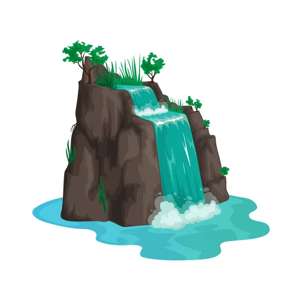 River waterfall, water streams falling from rocks or cliff hills, water cascade game asset element. Vector nature landscape, scenery with exotic waterfall