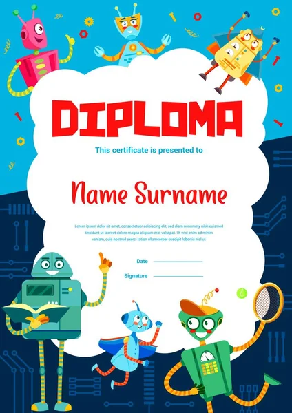 Diploma Niños Robots Divertidos Dibujos Animados Premio Para Niños Certificado — Archivo Imágenes Vectoriales