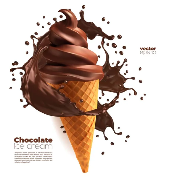 Soft Chocolate Ice Cream Cone Swirl Splash White Background Isolated — Stock Vector