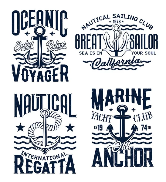 航海アンカー マリンクラブTシャツはベクトルネイビーのセーリングとシーフェアリングのエンブレムをプリントします 海の波のアンカー カリフォルニアのレガッタ旅行と海洋冒険またはヨットクラブバッジ グランジシャツ Print — ストックベクタ