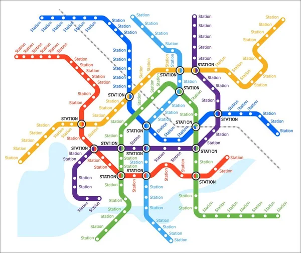 地铁地下 地铁交通系统图 城市线矢量规划 地铁或地铁地图 附有车站 铁路或公交网络和城市交通方案模板 — 图库矢量图片