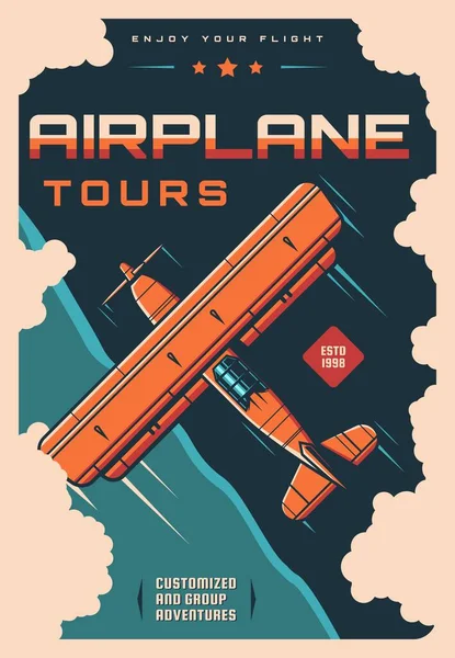 Uçak Seyahati Klasik Poster Vektör Retro Düzlem Çift Kanatlı Bulutlu — Stok Vektör