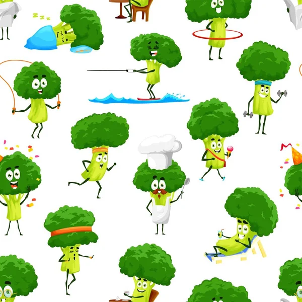 Cartoon Broccoli Vegetable Characters Seamless Pattern Vector Background Funny Broccoli — Stock Vector