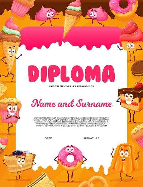 Niños Diploma Dibujos Animados Dulces Panadería Postres Personajes Certificado Escuela — Archivo Imágenes Vectoriales