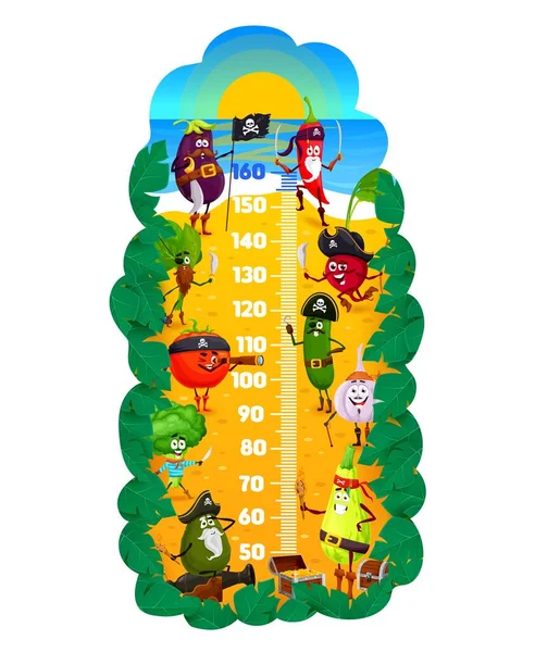 儿童身高图表 病媒海盗和珊瑚蔬菜 宝岛上的卡通生长表尺子 上面有可爱的辣椒 西红柿 大蒜和西兰花 西葫芦 鳄梨和萝卜 — 图库矢量图片