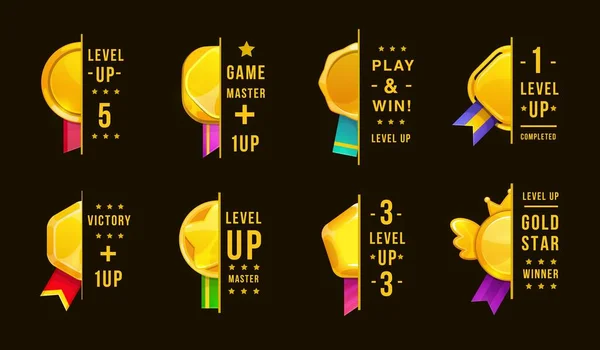 Nivel Oro Sube Las Etiquetas Los Iconos Del Juego Bono — Vector de stock