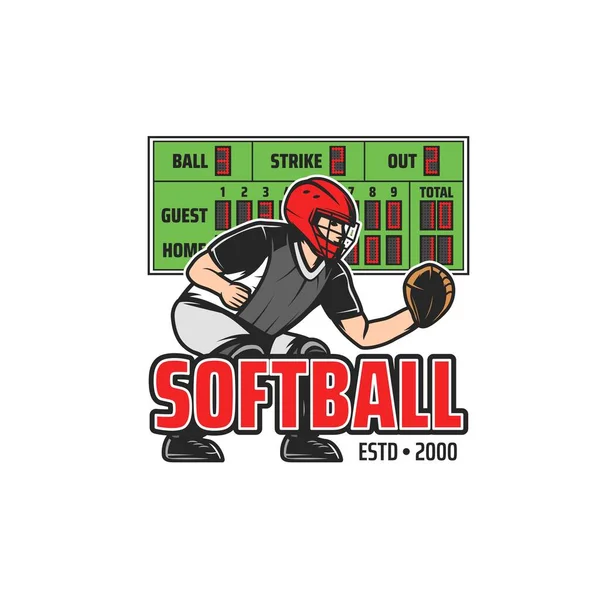 Ikona Gry Softball Graczem Tablicą Wyników Softball Zespół Zawodów Ikona — Wektor stockowy