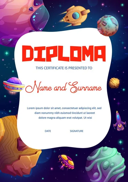 Diploma Crianças Nave Espacial Desenhos Animados Planetas Espaciais Certificado Educação — Vetor de Stock