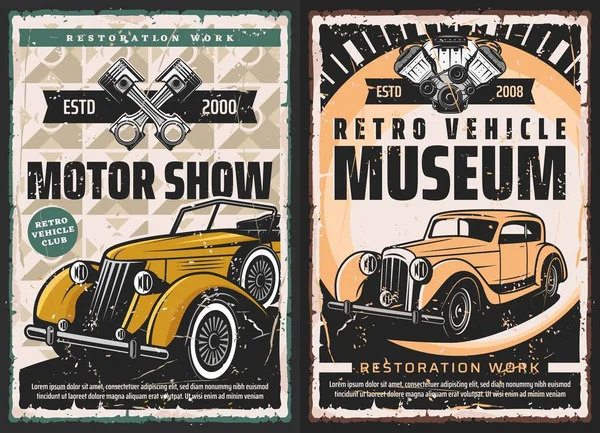 Vintage Versenyautók Múzeum Antik Járművek Motoros Show Banner Klasszikus Roadster — Stock Vector