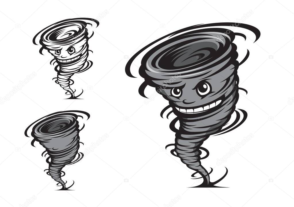 Cartoon tornado mascot, storm cyclone character, vector hurricane whirlwind. Sport club emblem or varsity team league and players mascot, tornado hurricane for basketball, soccer or hockey t-shirt