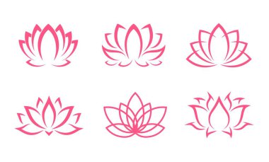 Pembe nilüfer ikonları, çiçekler ya da çizgi siluetinde yoga çiçekleri, vektör çiçekleri. Dövme için ana hatları pembe nilüfer yaprakları, Asya kaplıcası veya süs süsü, din, ayurveda rahatlama ve zen meditasyonu