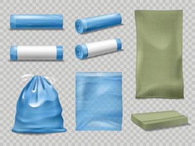Gerçekçi çöp ve enkaz torbaları 3 boyutlu vektör modeli. İpli plastik paketler, mavi ve yeşil rulo ya da dolu torbalar. İzole edilmiş gerçekçi boş çöp torbası paketleri, ev yapımı tek kullanımlık paketler.