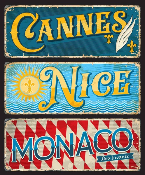 Cannes Nice Monaco Autocollants Plaques Voyage Français Étiquettes Bagages Vectorielles — Image vectorielle