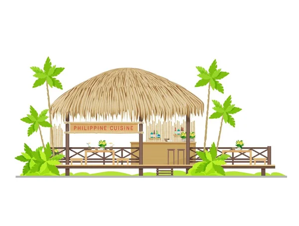 菲律宾美食餐厅病媒建设的热带海滩 蒂基酒吧 茅屋咖啡馆或餐厅 竹制平房 有草顶 木制桌椅 标牌和棕榈树 — 图库矢量图片