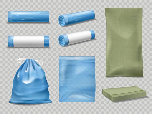 Realistic garbage and debris bags 3d vector mockup. Plastic packages with string, blue and green rolled or full sacks. Isolated realistic empty trashbag packaging, household disposable packs mockup
