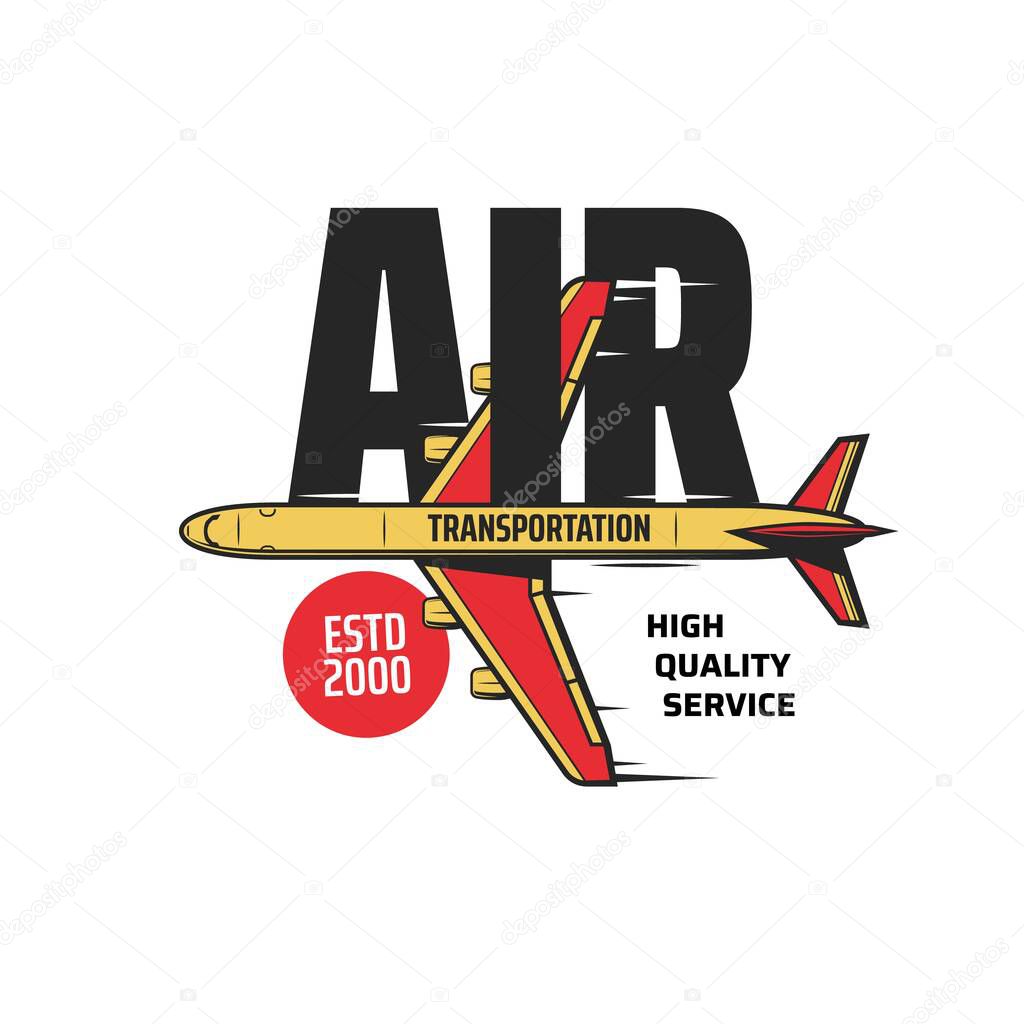 Air cargo transportation vector icon with plane of freight aircraft, airplane or cargo jet. Air delivery and logistics service, cargo airlines or freight carriers isolated emblem or symbol design