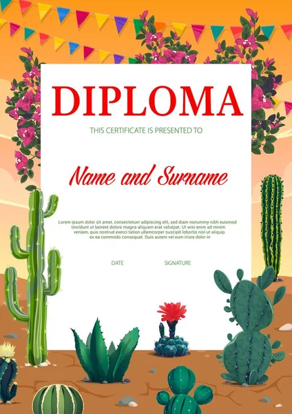 Diploma Educación Desierto Mexicano Con Cactus Flores Premio Educación Para — Archivo Imágenes Vectoriales