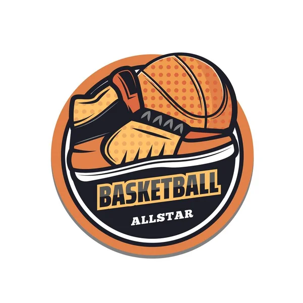 オレンジハーフトーンパターンのボールとバスケットボールゲームチームプレーヤーの靴のバスケットボールスポーツベクトルアイコン スポーツクラブ スポーツ競技大会またはチャンピオンシップリーグは 孤立したラウンドアイコンに一致します — ストックベクタ