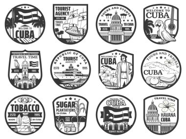 Küba seyahatleri ve turizm ikonları, Havana tarihi yerleri ve şehir turları, vektör. Küba işaretleri, Karayip deniz gezileri, Küba manzaralı seyahat acentası amblemleri ve eğlence yerleri.