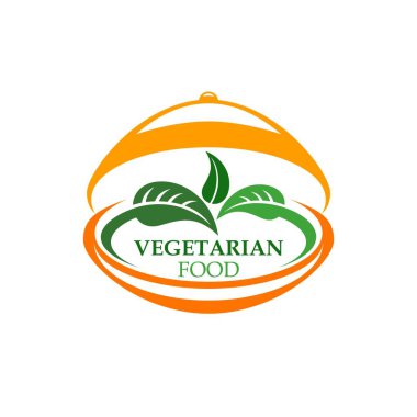Yeşil salata yapraklı vejetaryen yemek ikonu ve tepside kapaklı taze yaprak sebzesi. Sağlıklı vejetaryen yemekleri ve organik tarım ürünleri. Vejetaryen restoranının veya kafenin izole edilmiş sembolü.