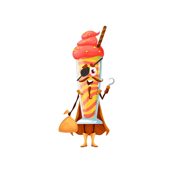 漫画のアイスクリーム海賊キャラクター キッズメニュー用のカップコーシャフードのパーソナライズでベクトル甘いデザート アイスクリームは 袋に戦利品を保持ケープ ハンドフックとアイパッチを身に着けています 面白いフィルムバスターカフェデザート — ストックベクタ