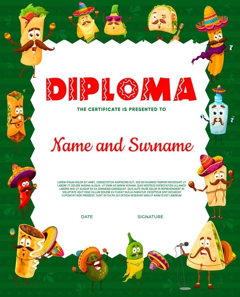 Diploma Niños Dibujos Animados Tex Mex Personajes Comida Mexicana Certificado — Vector de stock
