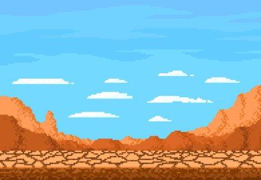 Pikselli sanat çöl manzarası, oyun seviyesi için çatlak toprak zemini, 8bit vektör. Arizona ya da Teksas 'taki 8 bit bulutlu kuru çöl pikselleri ve bilgisayar oyunu manzarası
