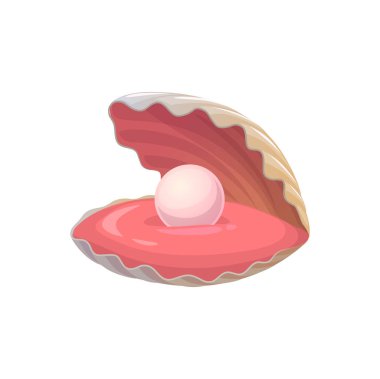 İnci su altı hayvanlı karikatür kabuğu, açık kabuklu deniz kabuğu anne ve pembe dilinin üzerinde duran mücevher topu. İstiridye, hazine, midye yaratığı.