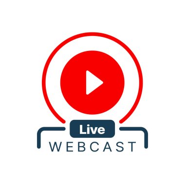 Çevrimiçi eğitim, sanal atölye ve eğitim video kursu veya seminerin canlı webinar simgesi veya web yayını vektör düğmesi. Oyun düğmesinin izole kırmızı sembolü, web eğitimi, konferans, canlı webinar