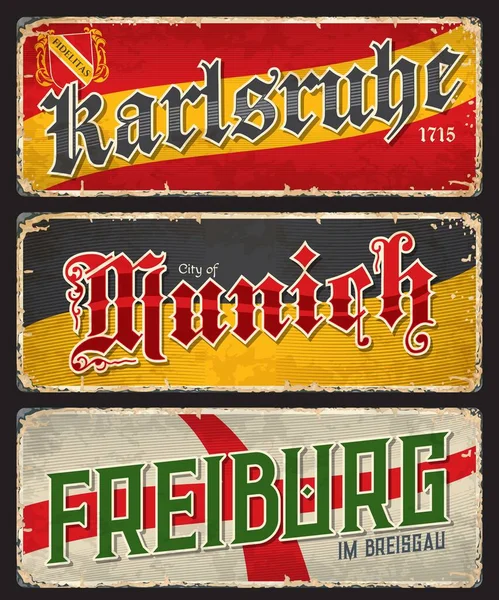 Karlsruhe Munich Friburgo Placas Viaje Ciudad Pegatinas Alemania Regiones Vector — Archivo Imágenes Vectoriales