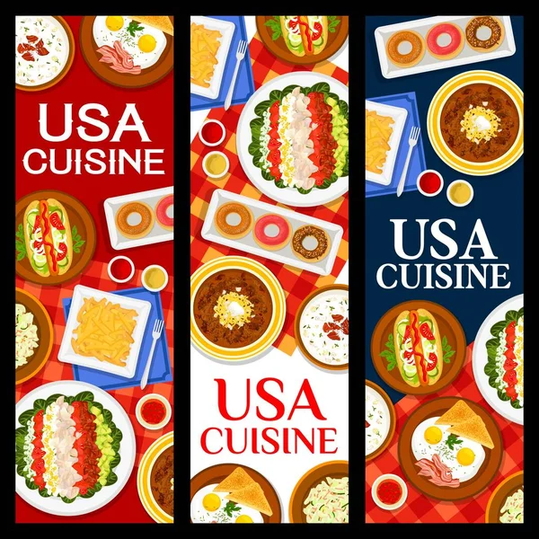 USA cuisine banners with food dishes, American restaurant menu meals, vector. US American traditional breakfast, lunch and dinner menu of eggs with bacon, hot dog, cucumber salad and corn chowder