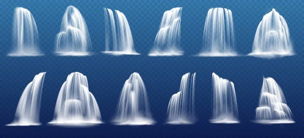 瀑布瀑布 瀑布瀑布 在透明的背景下 瀑布或洒水矢量从山川流出 倾泻成片的水滴 — 图库矢量图片