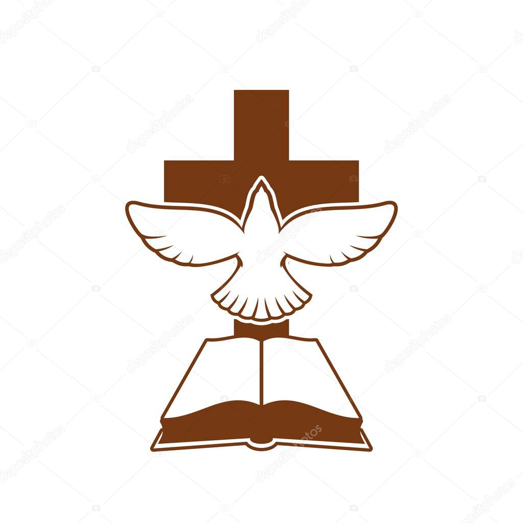 Christianity religion symbol with Holy Bible, cross and dove. Christian confession or church emblem. Christian commune or mission vector icon with Holy Spirit sacred symbol