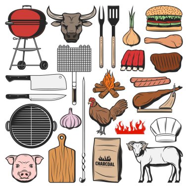 Barbekü ikonları, ızgara et yemekleri ve piknik burgerleri, vektör barbekü malzemeleri. Mangal kömürü, biftek ve sosis, jamon, kuzu kaburgası, tavuk ve yemek baharatları, barbekü çatal bıçak ve şef şapkası.