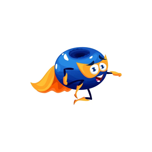 面白いブルーベリーの飛行文字 漫画のビリースーパーヒーロー ケープ ブーツ マスクで隔離されたベクトルベリースーパーヒーローの性格は 腕を上げて飛ぶ 大きな目でおとぎ話のイチゴ — ストックベクタ