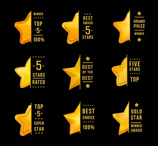 Golden Star Rating Award Labels Cinq Étoiles Taux Examen Supérieur — Image vectorielle