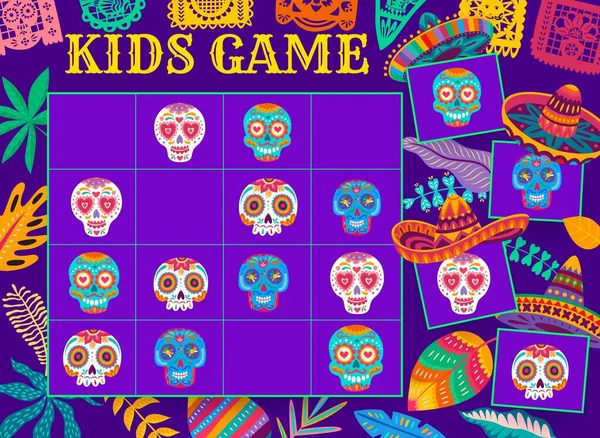 Sudoku Kinderen Spel Met Mexicaanse Suiker Calavera Schedel Vector Raadsel — Stockvector