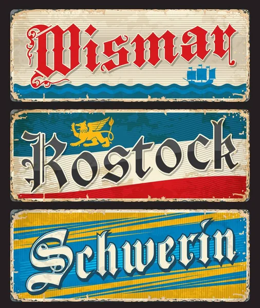 Wismar Rostock Schwerin Etiquetas Placas Viaje Alemanas Etiquetas Equipaje Vectoriales — Archivo Imágenes Vectoriales