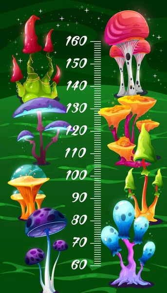 幻想仙女魔菇宝宝身高图表 卡通片生长表 用奇异的外来真菌植物和鳞片测量儿童身高的矢量贴纸 长尺子 厘米长 — 图库矢量图片