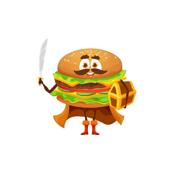 Cartoon Cheeseburger Pirata Con Petto Vector Burger Fast Food Personaggio — Vettoriale Stock