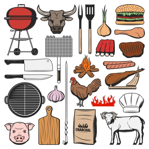 Barbecue Pictogrammen Grill Vlees Eten Picknick Hamburgers Vector Bbq Items — Stockvector