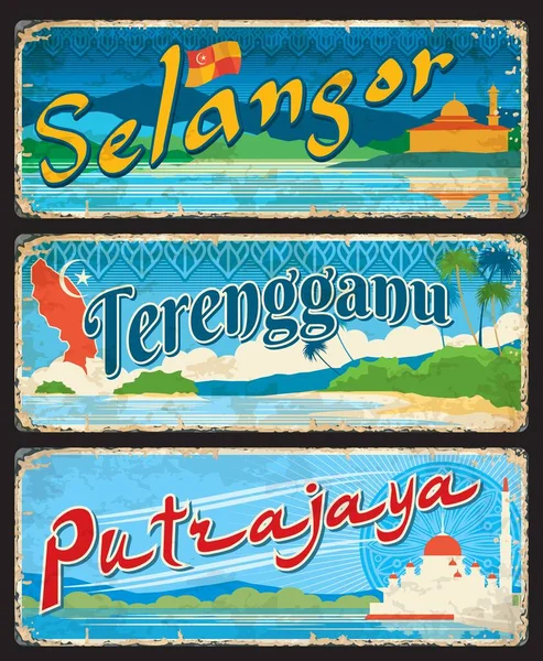 Selangor Terenggau Putrajaya Régions Malaisiennes Autocollants Voyage Plaques Vectorielles Malaisie — Image vectorielle