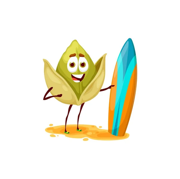 サーフボードと面白いカシューナッツ文字 漫画のベクトルは 熱帯のビーチでサーフィンの練習を剥離カーネル人格 健康的なライフスタイル自然栄養 陽気なカシューナッツ — ストックベクタ