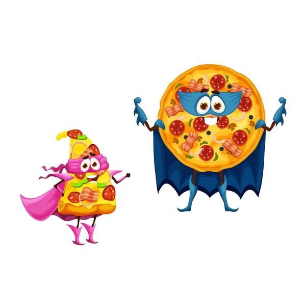 Personajes Divertidos Superhéroes Pizza Dibujos Animados Defensor Superhéroes Comida Rápida — Vector de stock