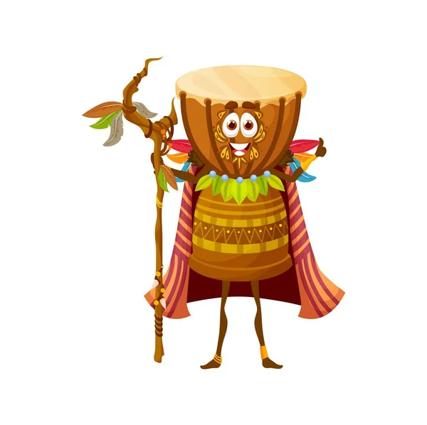 卡通非洲鼓巫婆的角色 孤立的矢量Djembe巫医身穿斗篷 头戴羽毛 手持木棍 有趣的部落打击乐器 童话般的邦戈鼓音乐人 — 图库矢量图片